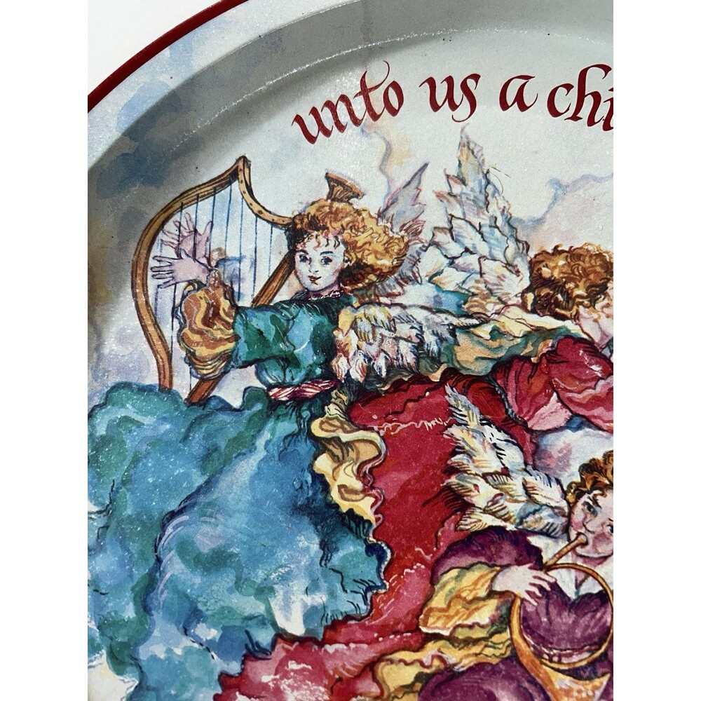 Vintage Christmas Metal Tin Serving Tray 12" Unto Us A Child Is Born Nativity 90 - Picture 2 of 5